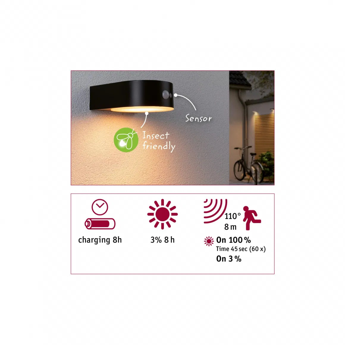 Insectvriendelijke Solar Gevellamp Eileen + sensor