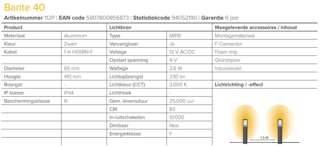 Lightpro 12 volt tuinverlichting Barite 40 Staande Buitenlamp specificaties