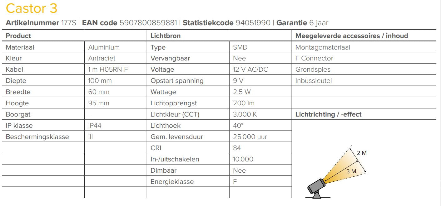 Lightpro 12 volt tuinverlichting Castor 3 Spot specificaties
