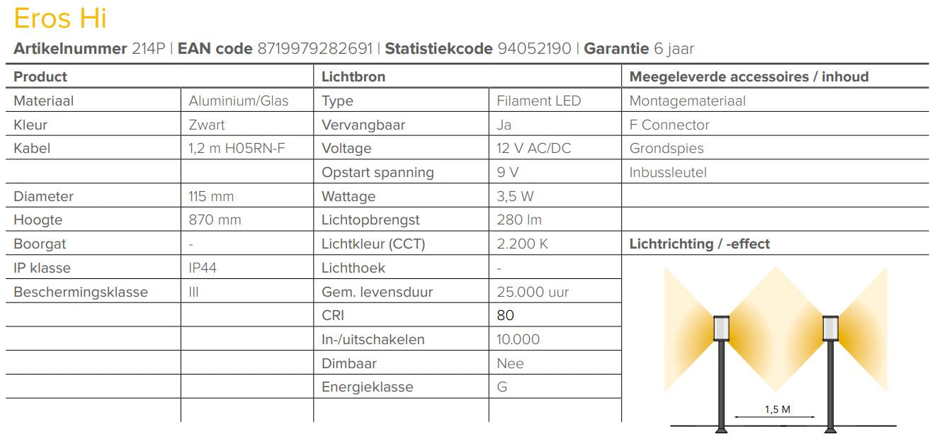 LightPro 12 volt tuinverlichting Eros Hi Staande lamp specificaties