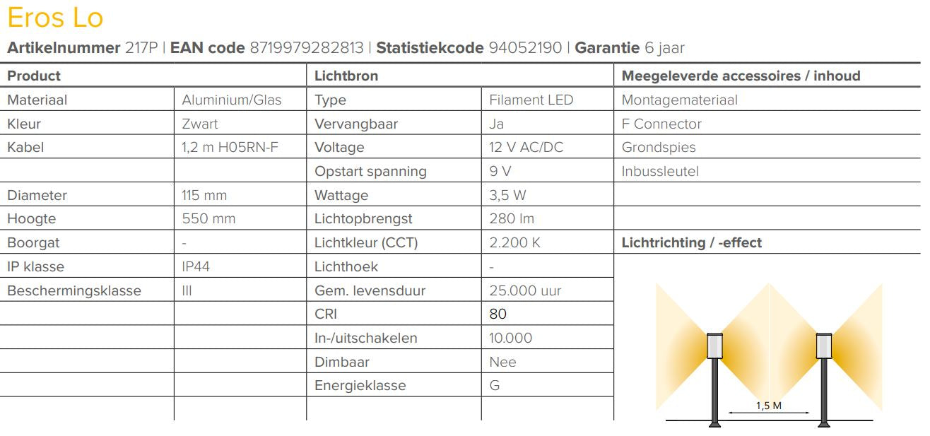 LightPro 12 volt tuinverlichting Eros lo staande lamp speciicaties