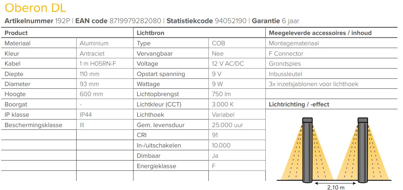 LightPro 12 volt tuinverlichting Oberon DL Staande Lamp specificaties