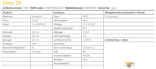 LightPro 12 volt tuinverlichting Onyx 20 Decklight specificaties