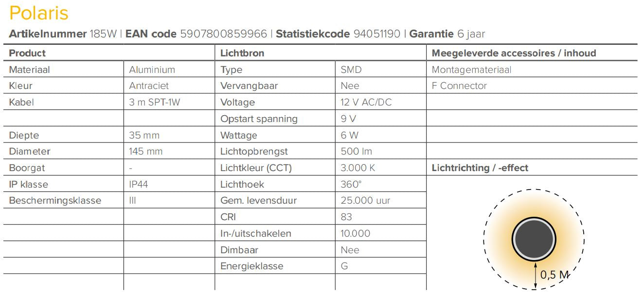 LightPro 12 volt tuinverlichting Polaris wandlamp specificaties