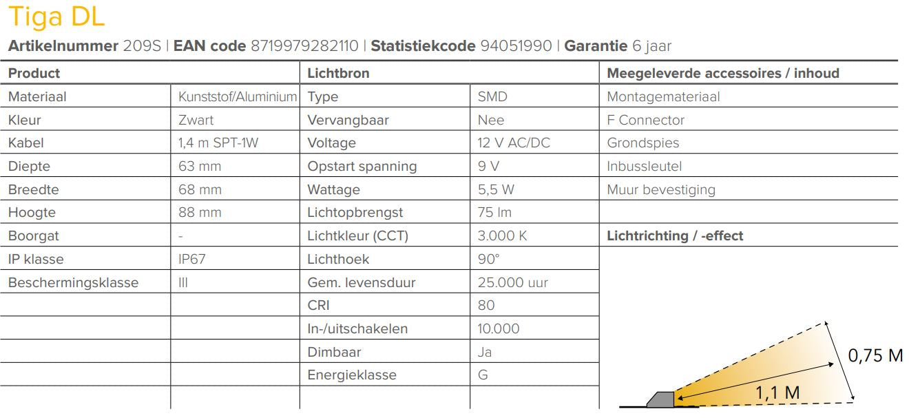 LightPro 12 volt tuinverlichting Tiga DL wandlamp specificaties