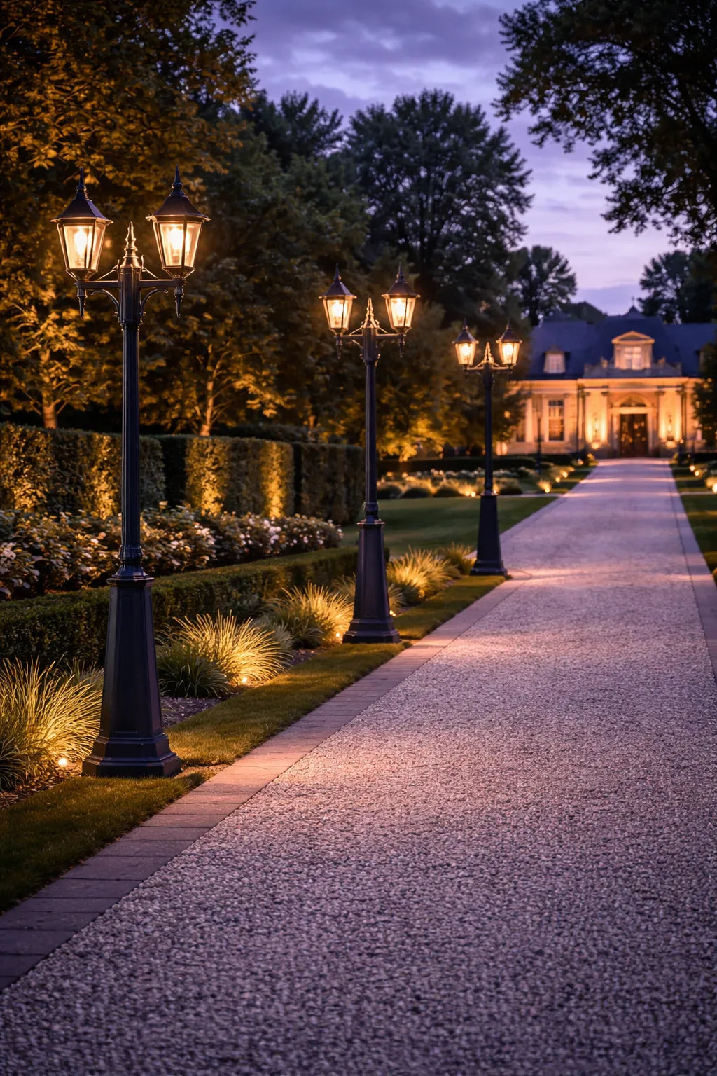 Klassieke lantaarn Tessaro dubbel langs oprijlaan