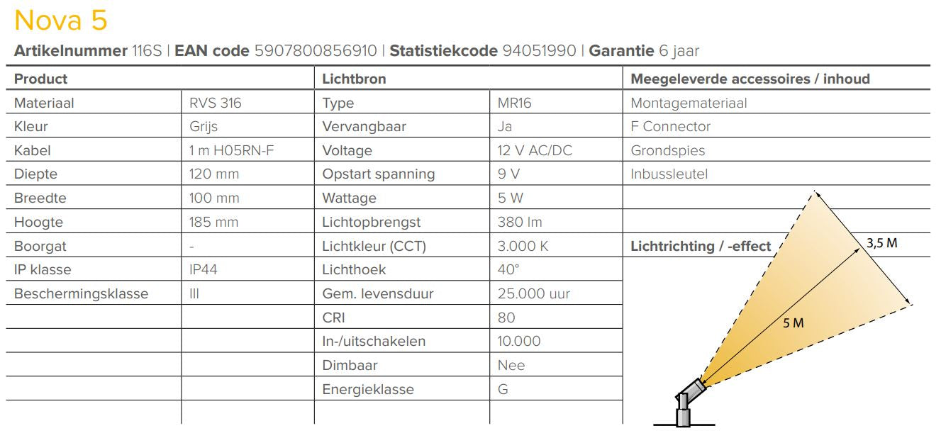 LightPro 12 volt tuinverlichting Nova 5 Spot specificaties