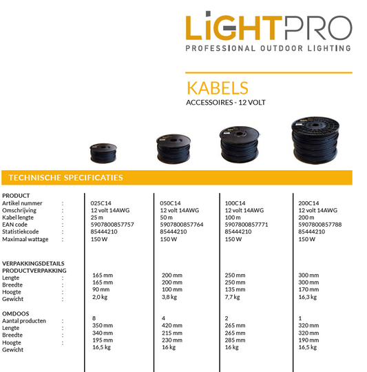 Lightpro 12 volt tuinverlichting grondkabel 200 meter specificaties